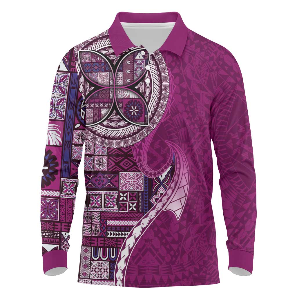 Samoan Siapo Art Tattoo Polynesian Pattern Long Sleeve Polo Shirt Pink Color - Polynesian Pride