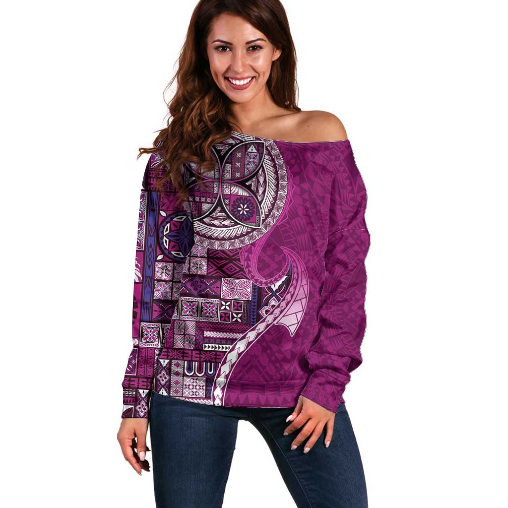 Samoan Siapo Art Tattoo Polynesian Pattern Off Shoulder Sweater Pink Color - Polynesian Pride