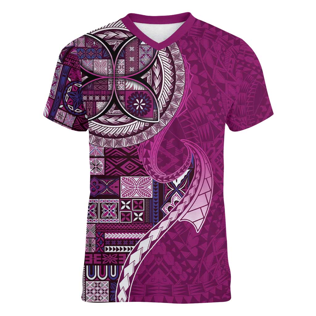 Samoan Siapo Art Tattoo Polynesian Pattern Women V-Neck T-Shirt Pink Color - Polynesian Pride