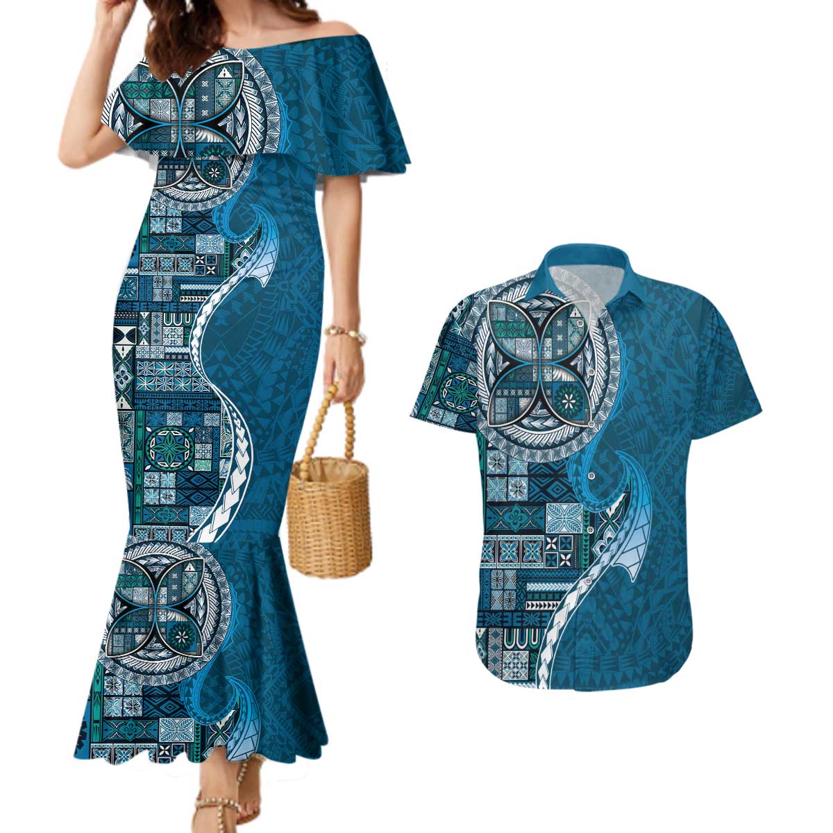 Samoan Siapo Art Tattoo Polynesian Pattern Couples Matching Mermaid Dress and Hawaiian Shirt Teal Color - Polynesian Pride