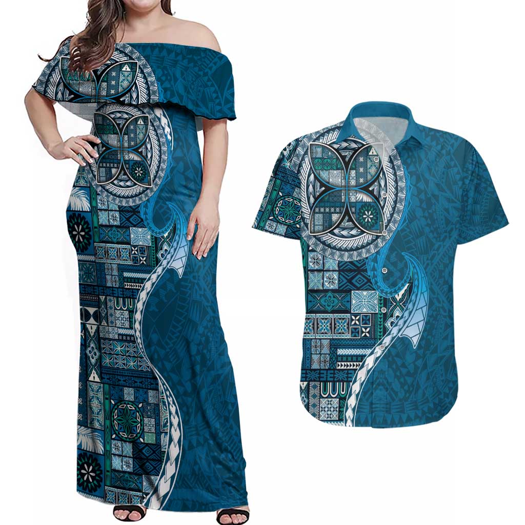 Samoan Siapo Art Tattoo Polynesian Pattern Couples Matching Off Shoulder Maxi Dress and Hawaiian Shirt Teal Color - Polynesian Pride