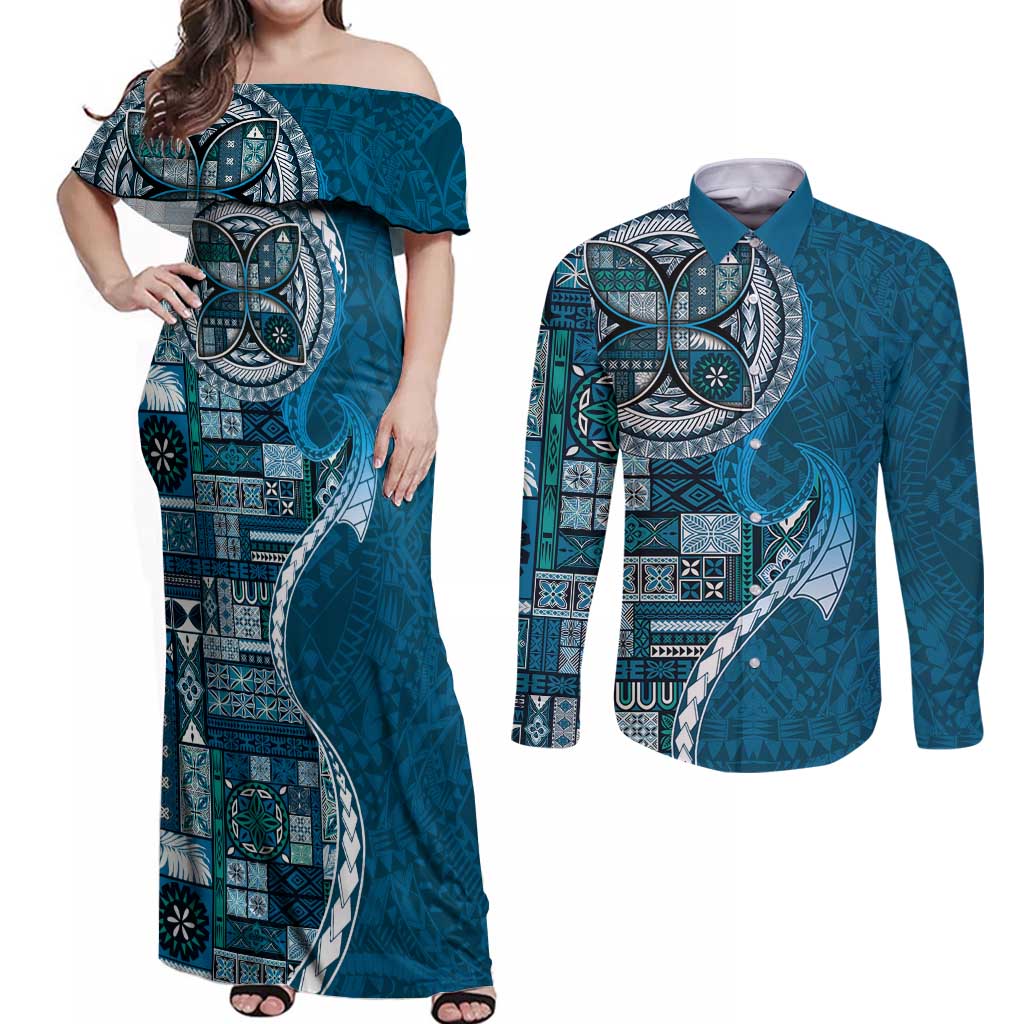 Samoan Siapo Art Tattoo Polynesian Pattern Couples Matching Off Shoulder Maxi Dress and Long Sleeve Button Shirt Teal Color - Polynesian Pride