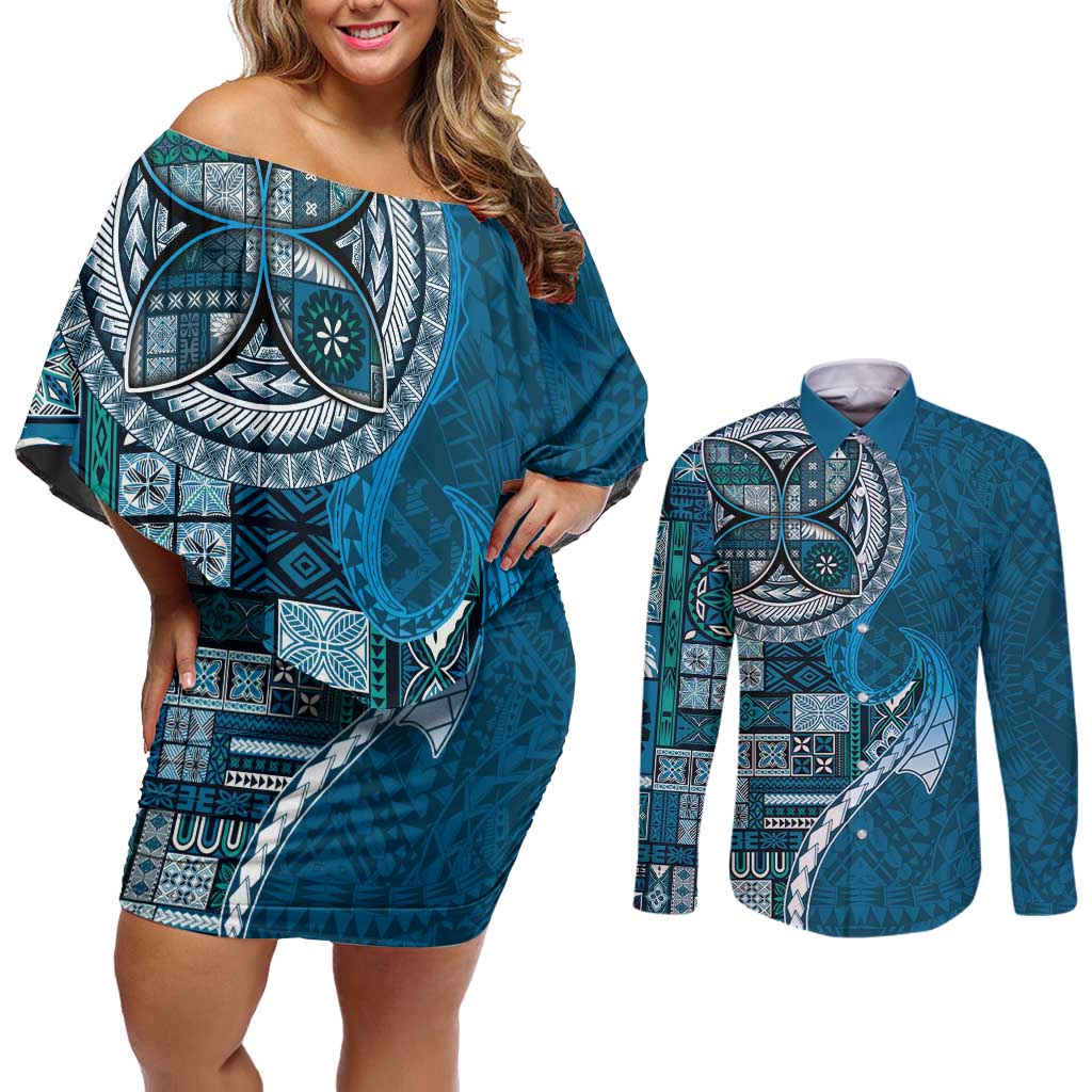 Samoan Siapo Art Tattoo Polynesian Pattern Couples Matching Off Shoulder Short Dress and Long Sleeve Button Shirt Teal Color - Polynesian Pride