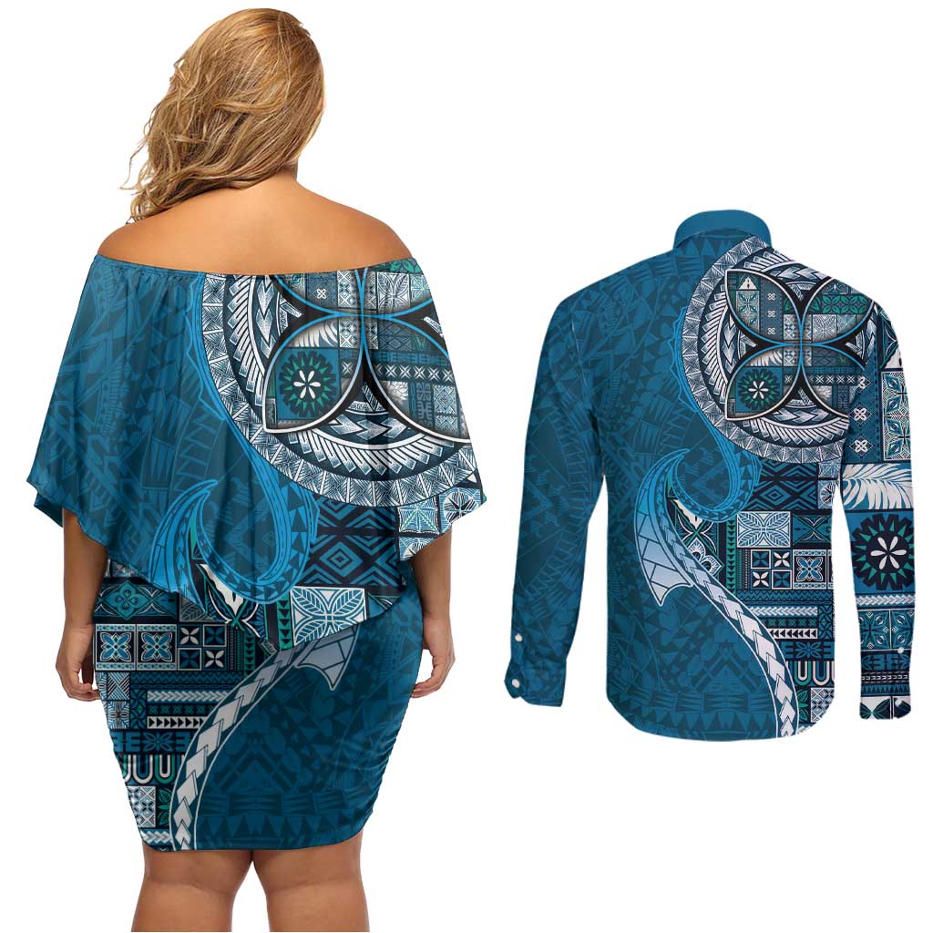 Samoan Siapo Art Tattoo Polynesian Pattern Couples Matching Off Shoulder Short Dress and Long Sleeve Button Shirt Teal Color - Polynesian Pride