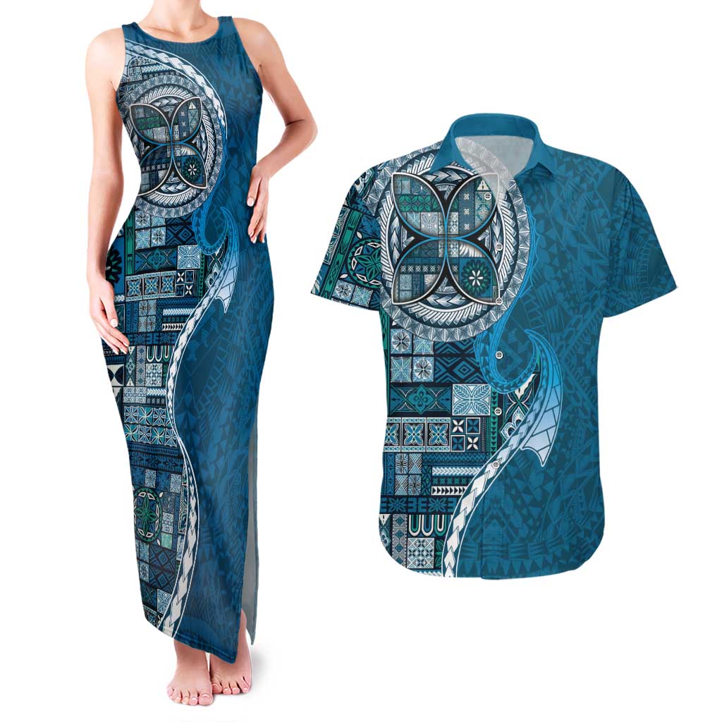 Samoan Siapo Art Tattoo Polynesian Pattern Couples Matching Tank Maxi Dress and Hawaiian Shirt Teal Color - Polynesian Pride