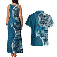 Samoan Siapo Art Tattoo Polynesian Pattern Couples Matching Tank Maxi Dress and Hawaiian Shirt Teal Color - Polynesian Pride