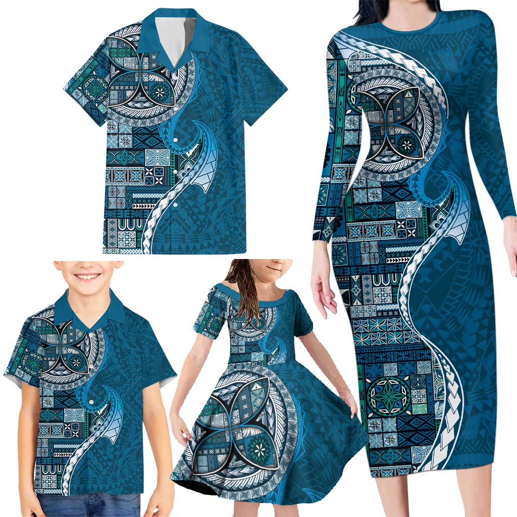 Samoan Siapo Art Tattoo Polynesian Pattern Family Matching Long Sleeve Bodycon Dress and Hawaiian Shirt Teal Color LT03 - Polynesian Pride