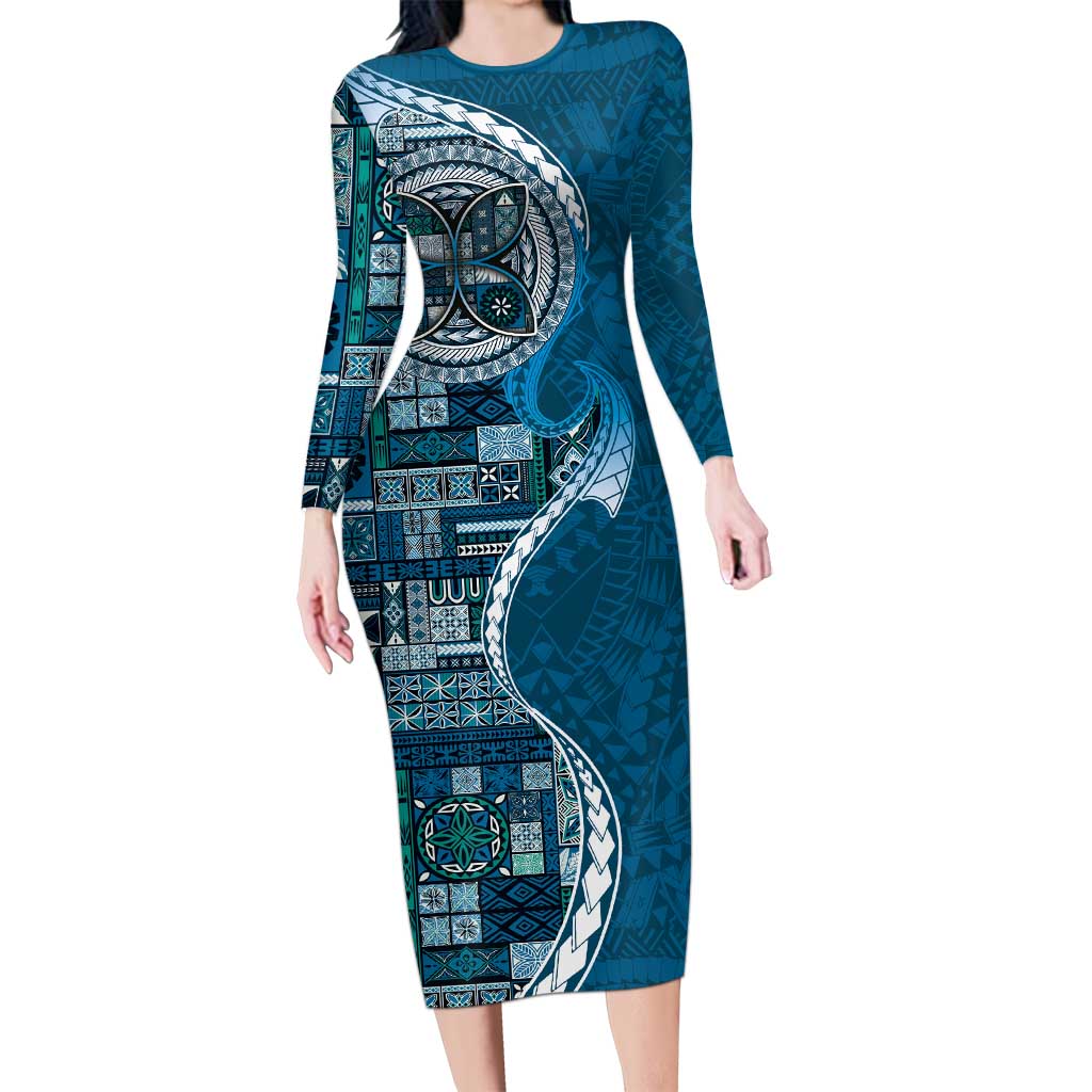 Samoan Siapo Art Tattoo Polynesian Pattern Family Matching Long Sleeve Bodycon Dress and Hawaiian Shirt Teal Color LT03 Mom's Dress Teal - Polynesian Pride