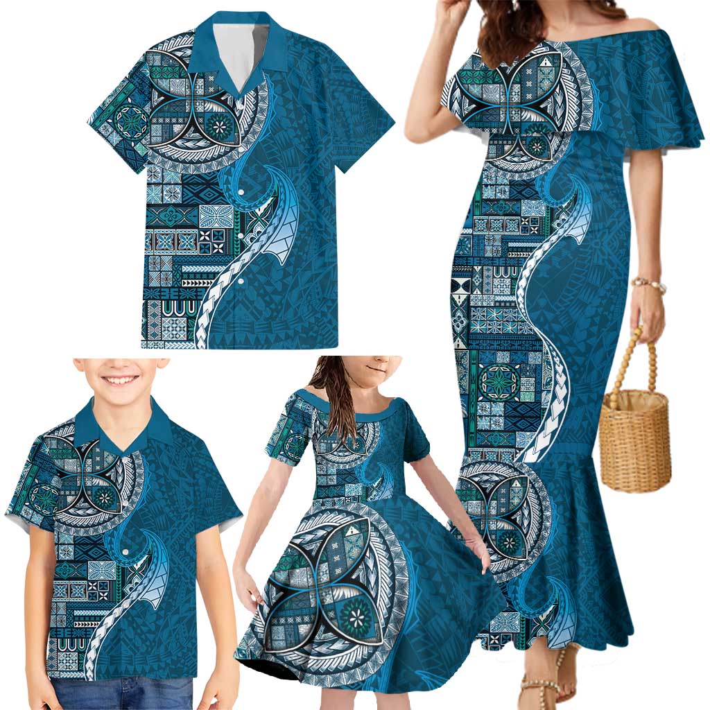 Samoan Siapo Art Tattoo Polynesian Pattern Family Matching Mermaid Dress and Hawaiian Shirt Teal Color LT03 - Polynesian Pride