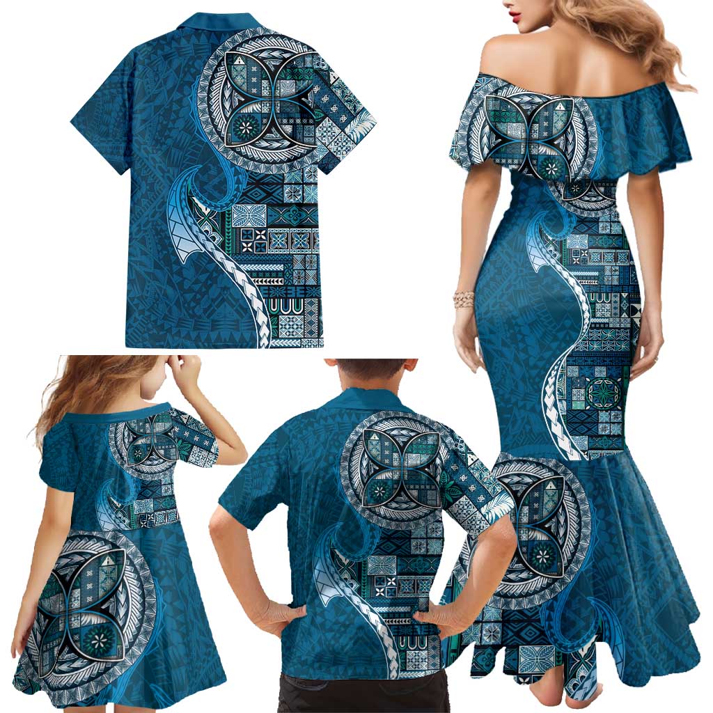 Samoan Siapo Art Tattoo Polynesian Pattern Family Matching Mermaid Dress and Hawaiian Shirt Teal Color LT03 - Polynesian Pride