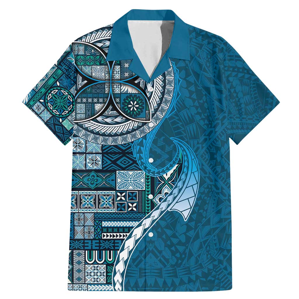 Samoan Siapo Art Tattoo Polynesian Pattern Family Matching Mermaid Dress and Hawaiian Shirt Teal Color LT03 Dad's Shirt - Short Sleeve Teal - Polynesian Pride