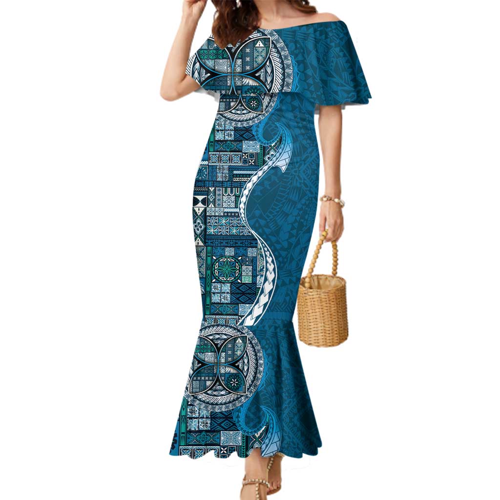 Samoan Siapo Art Tattoo Polynesian Pattern Family Matching Mermaid Dress and Hawaiian Shirt Teal Color LT03 Mom's Dress Teal - Polynesian Pride
