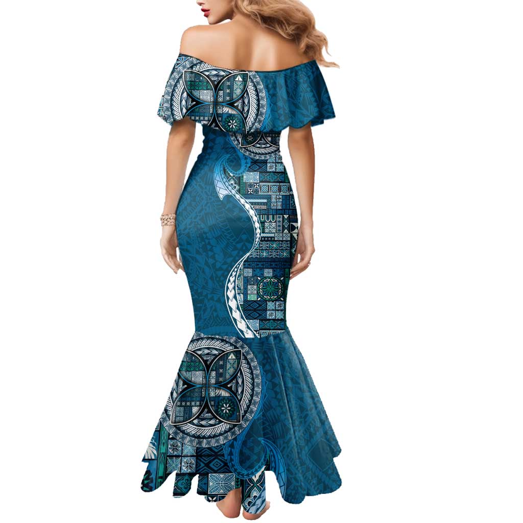 Samoan Siapo Art Tattoo Polynesian Pattern Family Matching Mermaid Dress and Hawaiian Shirt Teal Color LT03 - Polynesian Pride