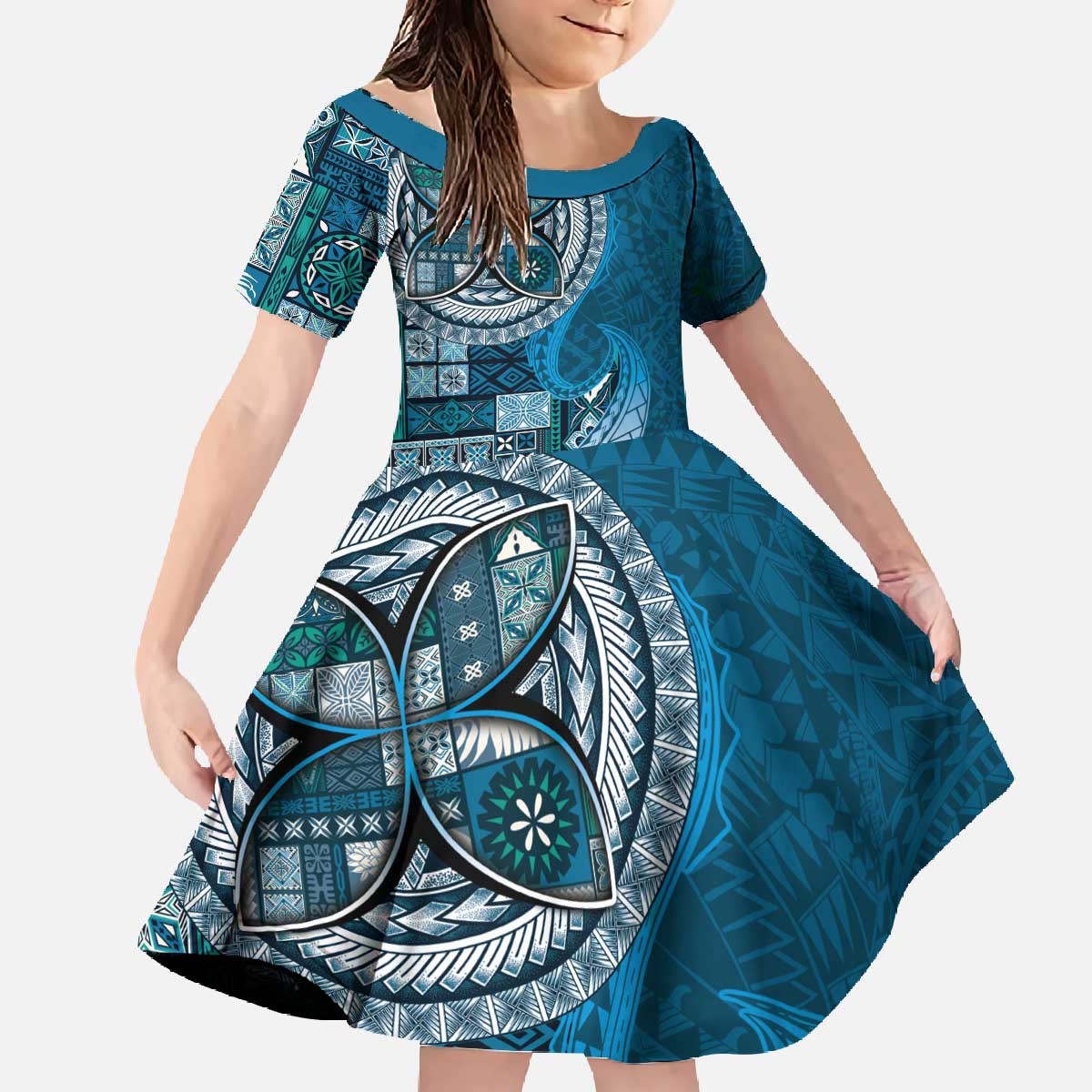 Samoan Siapo Art Tattoo Polynesian Pattern Family Matching Off The Shoulder Long Sleeve Dress and Hawaiian Shirt Teal Color LT03 Daughter's Dress Teal - Polynesian Pride
