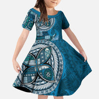 Samoan Siapo Art Tattoo Polynesian Pattern Family Matching Off The Shoulder Long Sleeve Dress and Hawaiian Shirt Teal Color LT03 Daughter's Dress Teal - Polynesian Pride