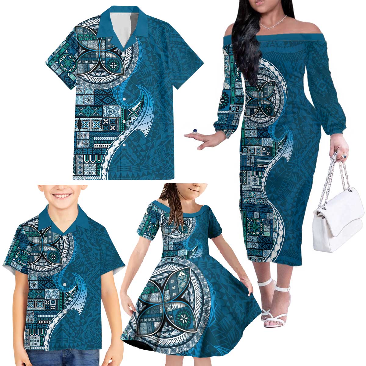 Samoan Siapo Art Tattoo Polynesian Pattern Family Matching Off The Shoulder Long Sleeve Dress and Hawaiian Shirt Teal Color LT03 - Polynesian Pride