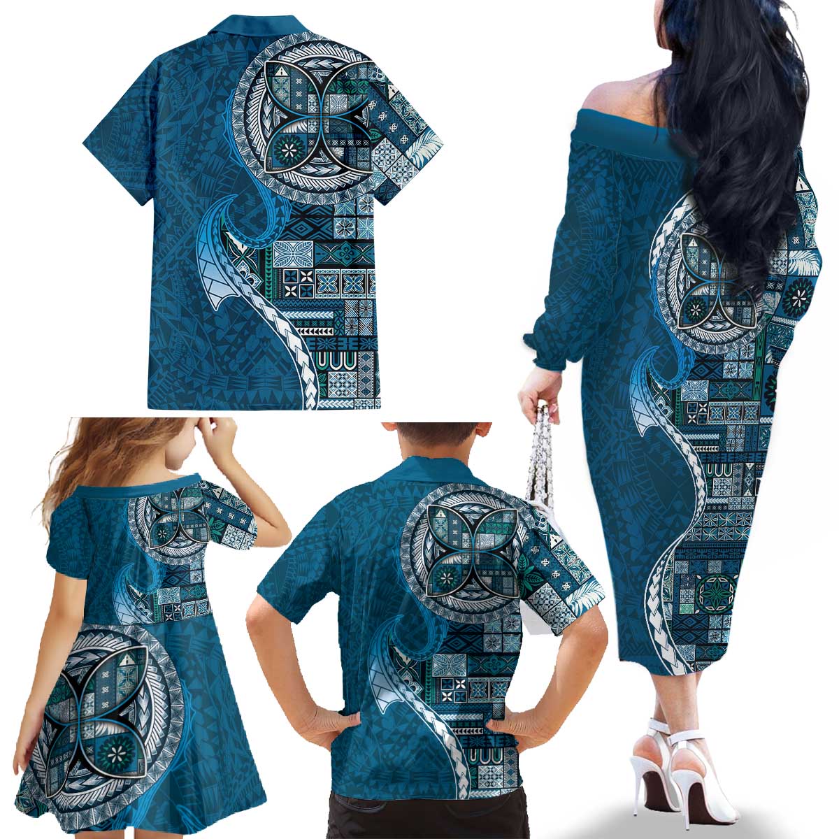 Samoan Siapo Art Tattoo Polynesian Pattern Family Matching Off The Shoulder Long Sleeve Dress and Hawaiian Shirt Teal Color LT03 - Polynesian Pride