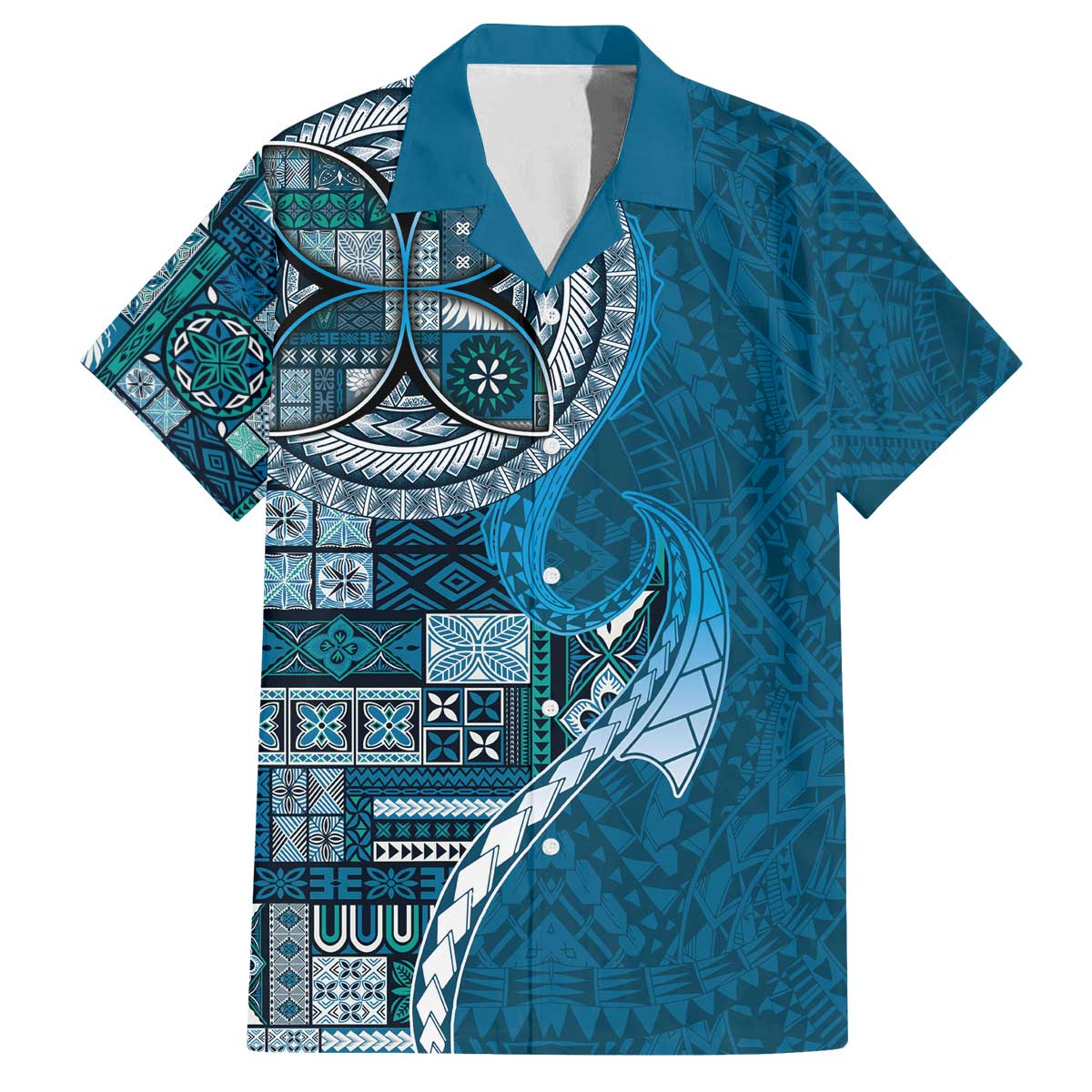 Samoan Siapo Art Tattoo Polynesian Pattern Family Matching Off The Shoulder Long Sleeve Dress and Hawaiian Shirt Teal Color LT03 Dad's Shirt - Short Sleeve Teal - Polynesian Pride