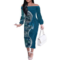 Samoan Siapo Art Tattoo Polynesian Pattern Family Matching Off The Shoulder Long Sleeve Dress and Hawaiian Shirt Teal Color LT03 Mom's Dress Teal - Polynesian Pride