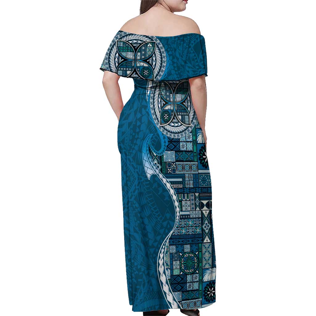 Samoan Siapo Art Tattoo Polynesian Pattern Family Matching Off Shoulder Maxi Dress and Hawaiian Shirt Teal Color - Polynesian Pride