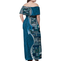 Samoan Siapo Art Tattoo Polynesian Pattern Family Matching Off Shoulder Maxi Dress and Hawaiian Shirt Teal Color - Polynesian Pride