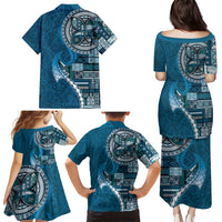Samoan Siapo Art Tattoo Polynesian Pattern Family Matching Puletasi and Hawaiian Shirt Teal Color - Polynesian Pride