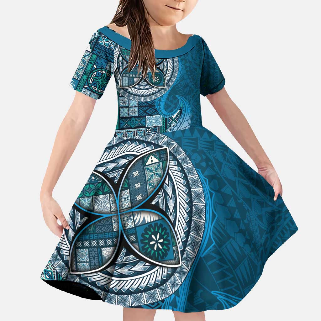 Samoan Siapo Art Tattoo Polynesian Pattern Family Matching Short Sleeve Bodycon Dress and Hawaiian Shirt Teal Color LT03 Daughter's Dress Teal - Polynesian Pride