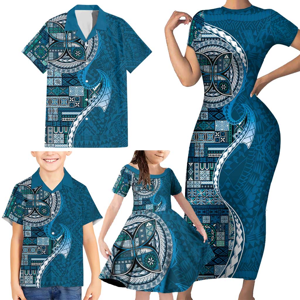 Samoan Siapo Art Tattoo Polynesian Pattern Family Matching Short Sleeve Bodycon Dress and Hawaiian Shirt Teal Color LT03 - Polynesian Pride