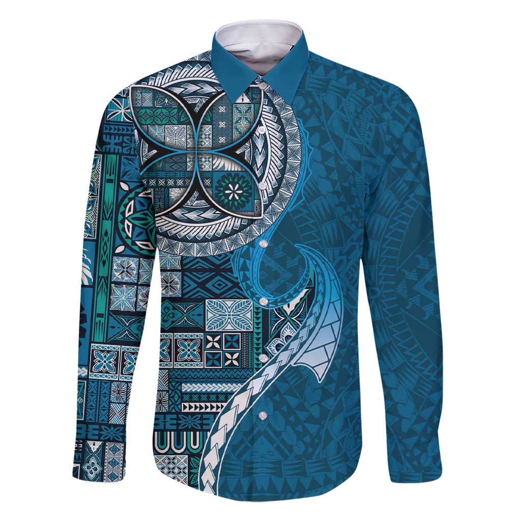 Samoan Siapo Art Tattoo Polynesian Pattern Family Matching Short Sleeve Bodycon Dress and Hawaiian Shirt Teal Color LT03 Dad's Shirt - Long Sleeve Teal - Polynesian Pride