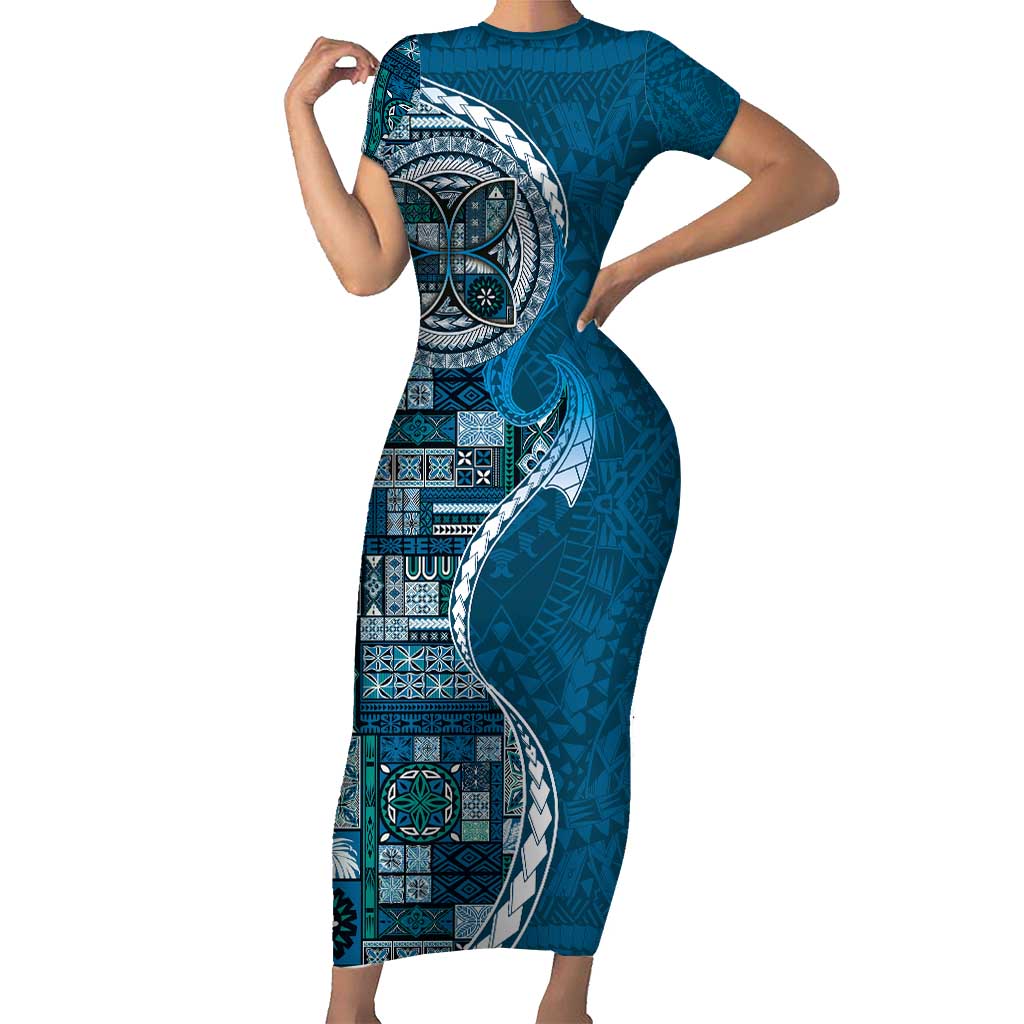 Samoan Siapo Art Tattoo Polynesian Pattern Family Matching Short Sleeve Bodycon Dress and Hawaiian Shirt Teal Color LT03 Mom's Dress Teal - Polynesian Pride