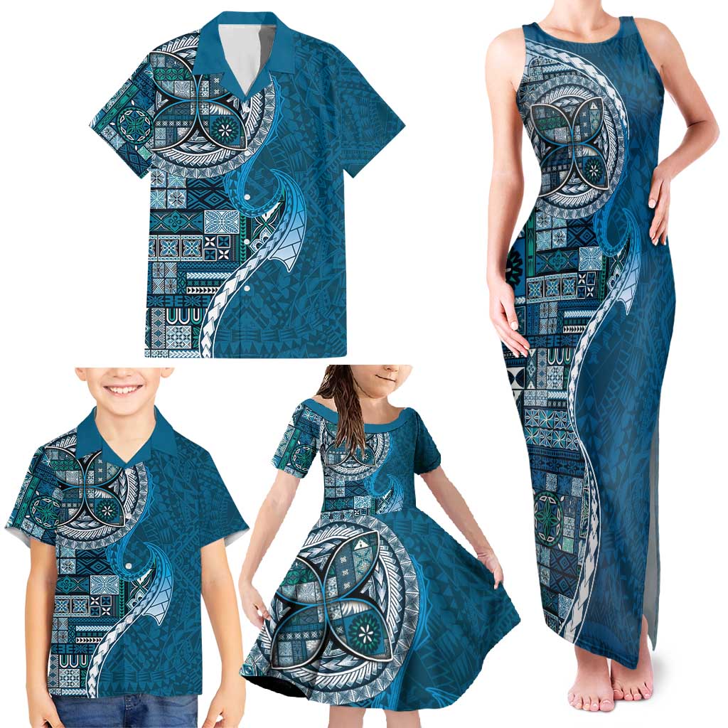 Samoan Siapo Art Tattoo Polynesian Pattern Family Matching Tank Maxi Dress and Hawaiian Shirt Teal Color - Polynesian Pride