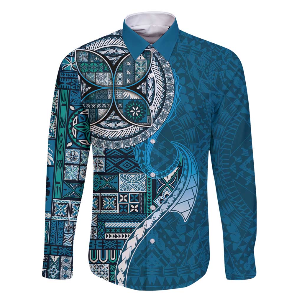 Samoan Siapo Art Tattoo Polynesian Pattern Family Matching Tank Maxi Dress and Hawaiian Shirt Teal Color LT03 Dad's Shirt - Long Sleeve Teal - Polynesian Pride