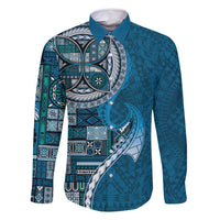 Samoan Siapo Art Tattoo Polynesian Pattern Family Matching Tank Maxi Dress and Hawaiian Shirt Teal Color LT03 Dad's Shirt - Long Sleeve Teal - Polynesian Pride