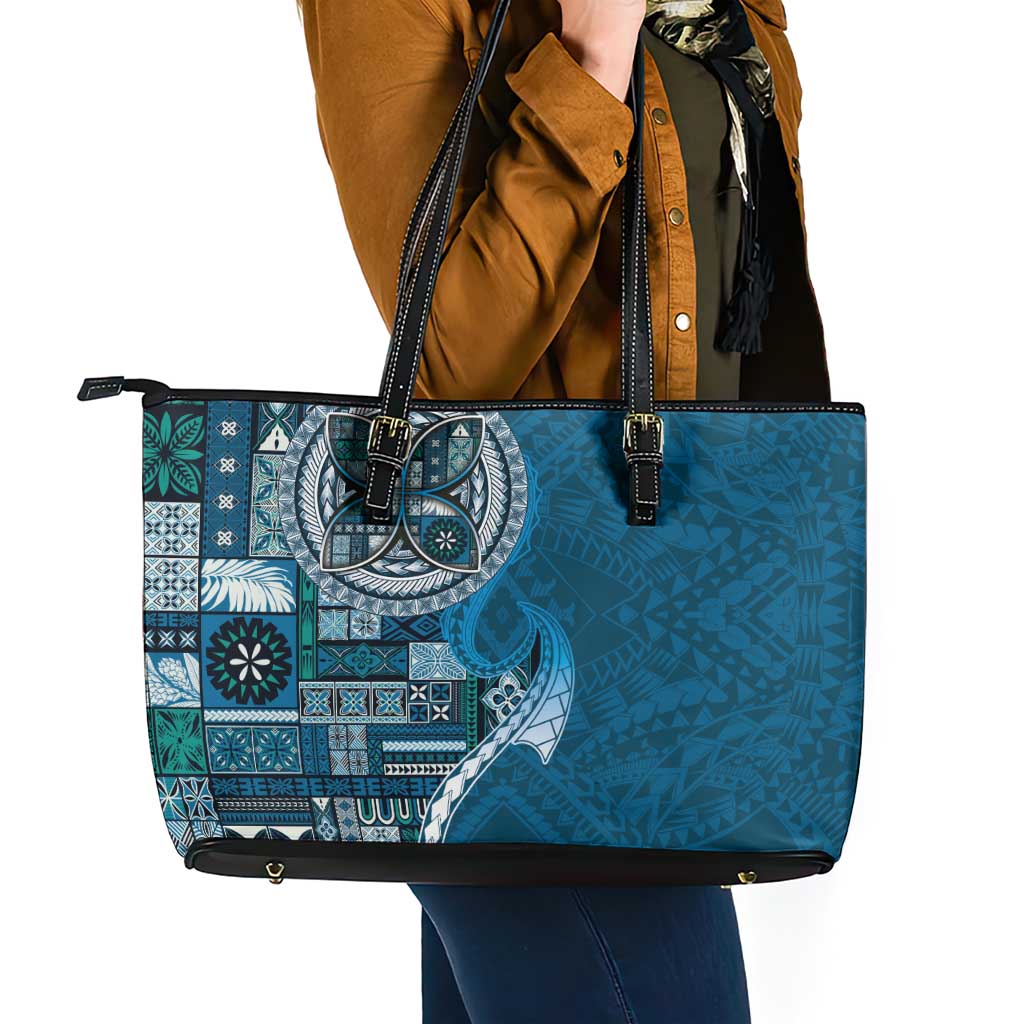 Samoan Siapo Art Tattoo Polynesian Pattern Leather Tote Bag Teal Color - Polynesian Pride