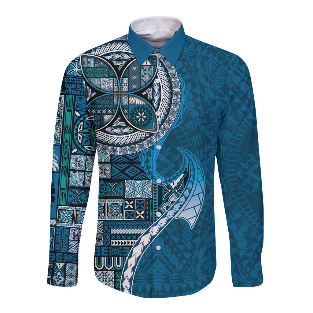 Samoan Siapo Art Tattoo Polynesian Pattern Long Sleeve Button Shirt Teal Color - Polynesian Pride