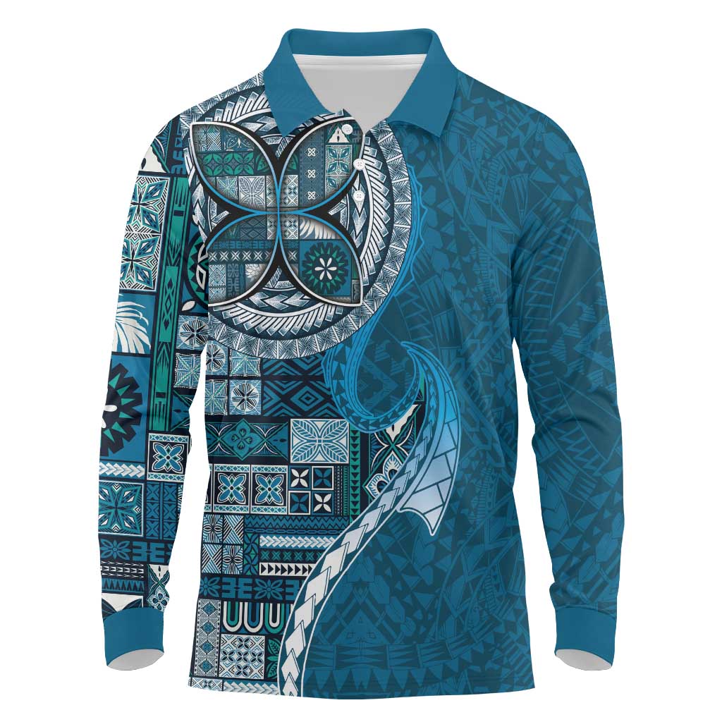 Samoan Siapo Art Tattoo Polynesian Pattern Long Sleeve Polo Shirt Teal Color - Polynesian Pride