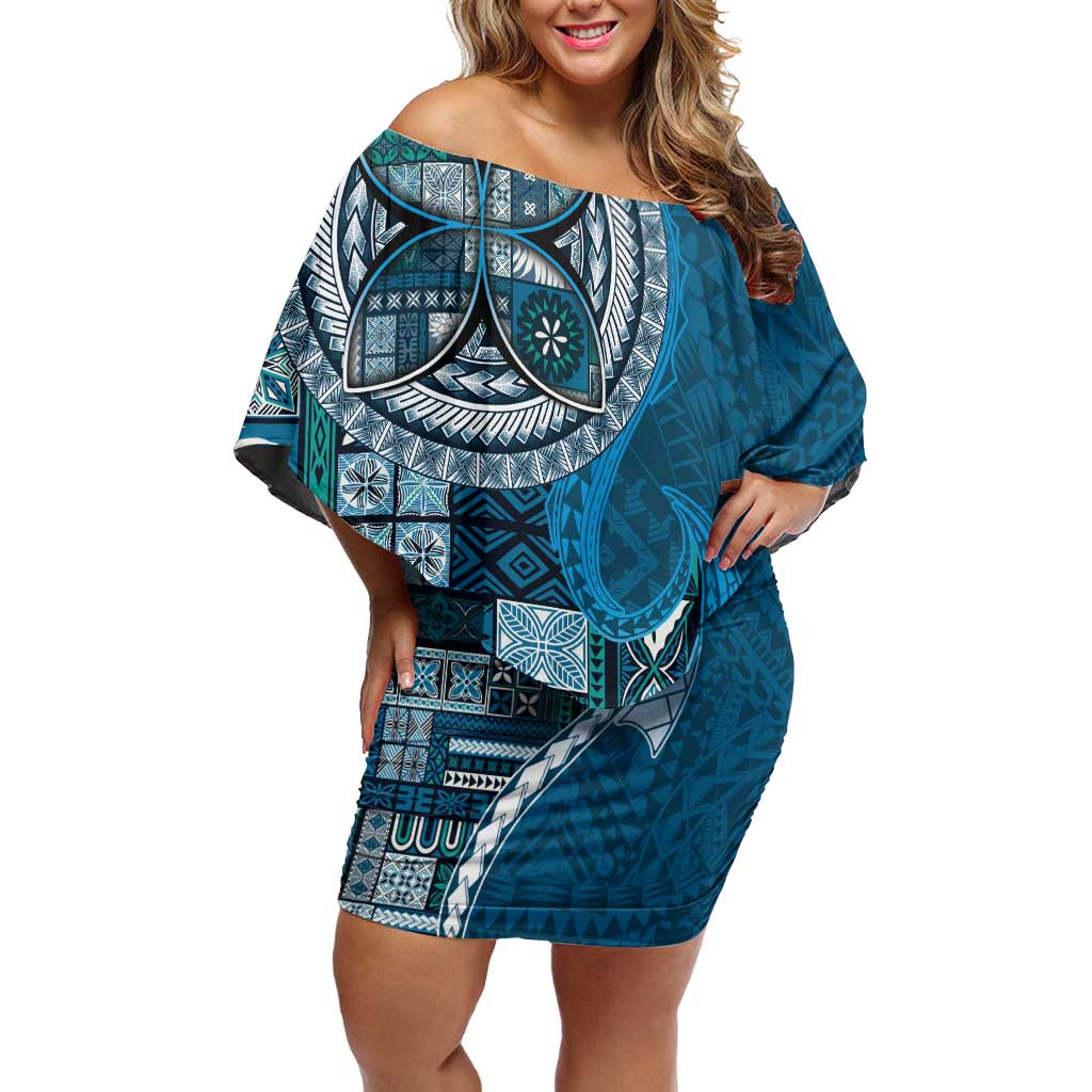 Samoan Siapo Art Tattoo Polynesian Pattern Off Shoulder Short Dress Teal Color - Polynesian Pride