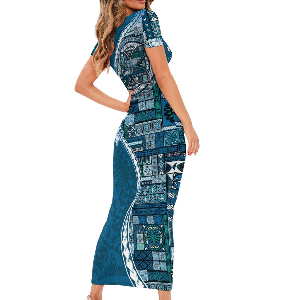 Samoan Siapo Art Tattoo Polynesian Pattern Short Sleeve Bodycon Dress Teal Color - Polynesian Pride