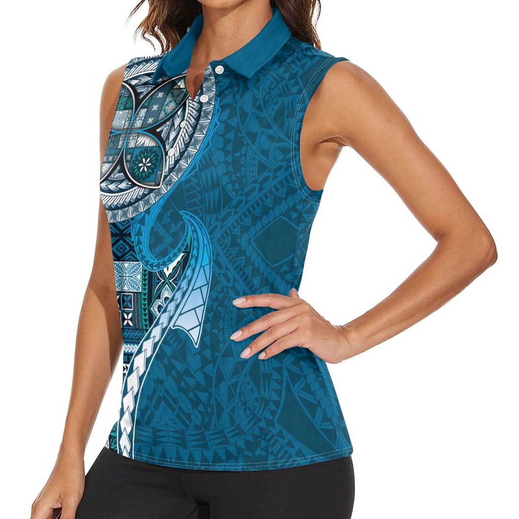 Samoan Siapo Art Tattoo Polynesian Pattern Women Sleeveless Polo Shirt Teal Color - Polynesian Pride