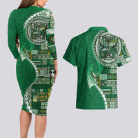 Samoan Siapo Art Tattoo Polynesian Pattern Couples Matching Long Sleeve Bodycon Dress and Hawaiian Shirt Green Color - Polynesian Pride