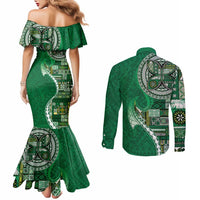 Samoan Siapo Art Tattoo Polynesian Pattern Couples Matching Mermaid Dress and Long Sleeve Button Shirt Green Color - Polynesian Pride