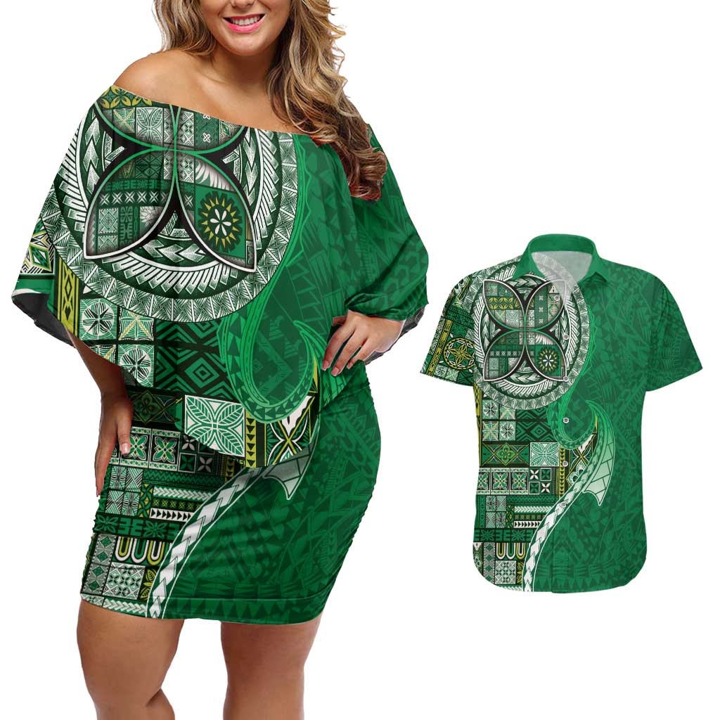 Samoan Siapo Art Tattoo Polynesian Pattern Couples Matching Off Shoulder Short Dress and Hawaiian Shirt Green Color - Polynesian Pride