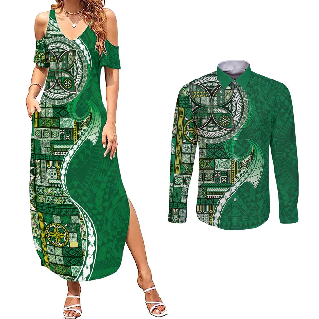 Samoan Siapo Art Tattoo Polynesian Pattern Couples Matching Summer Maxi Dress and Long Sleeve Button Shirt Green Color - Polynesian Pride