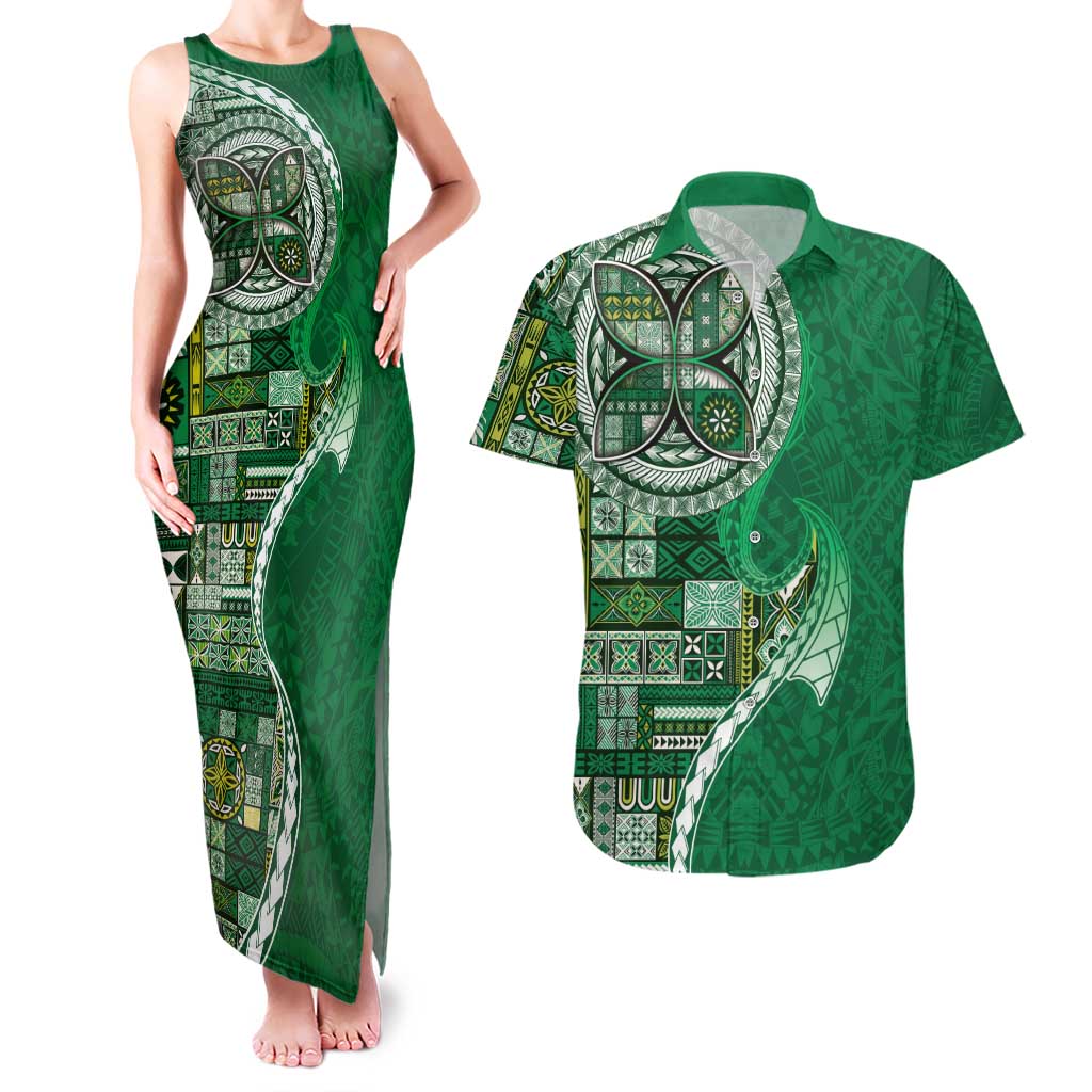 Samoan Siapo Art Tattoo Polynesian Pattern Couples Matching Tank Maxi Dress and Hawaiian Shirt Green Color - Polynesian Pride