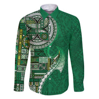 Samoan Siapo Art Tattoo Polynesian Pattern Family Matching Long Sleeve Bodycon Dress and Hawaiian Shirt Green Color LT03 Dad's Shirt - Long Sleeve Green - Polynesian Pride