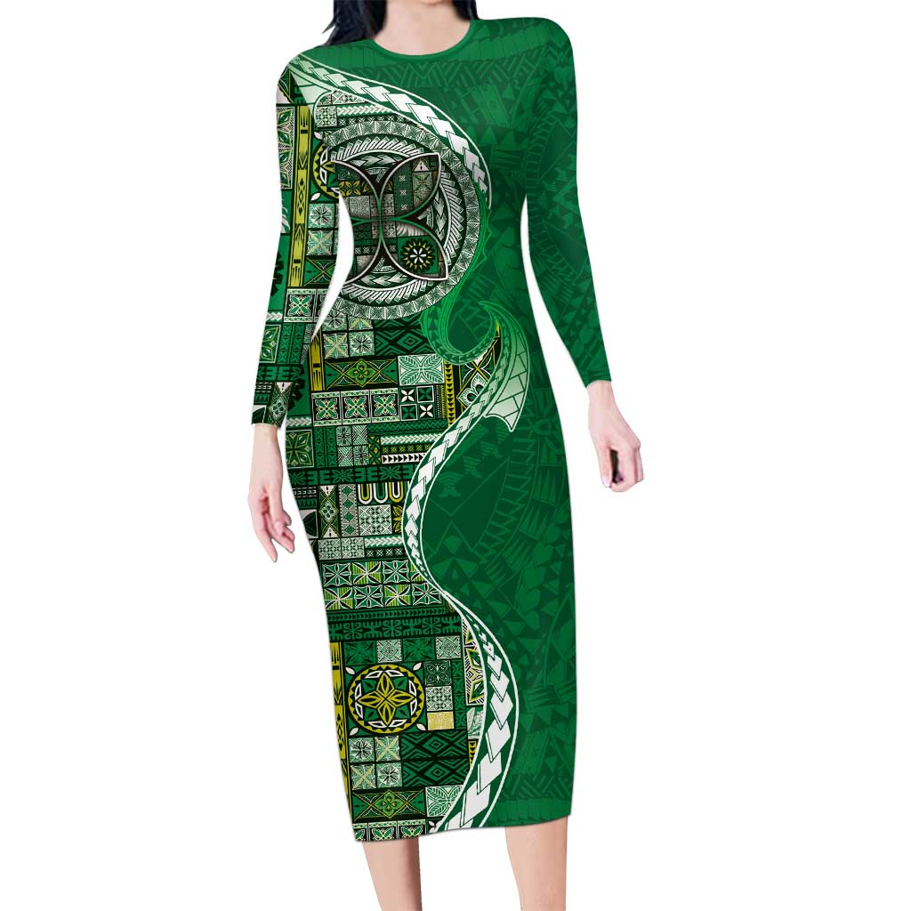 Samoan Siapo Art Tattoo Polynesian Pattern Family Matching Long Sleeve Bodycon Dress and Hawaiian Shirt Green Color LT03 Mom's Dress Green - Polynesian Pride