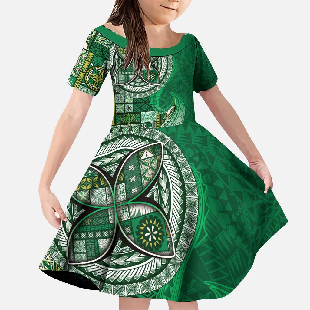 Samoan Siapo Art Tattoo Polynesian Pattern Family Matching Mermaid Dress and Hawaiian Shirt Green Color LT03 Daughter's Dress Green - Polynesian Pride