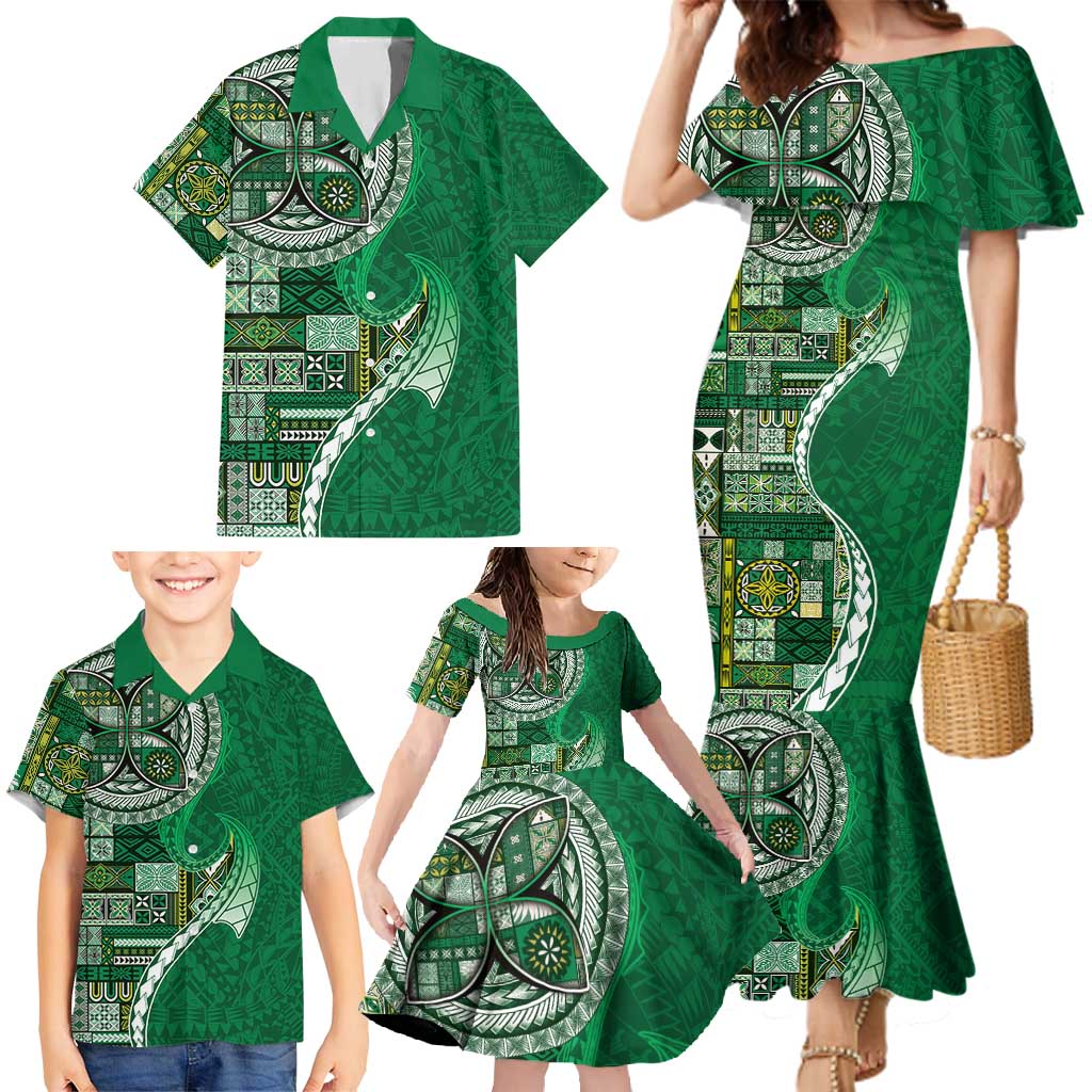 Samoan Siapo Art Tattoo Polynesian Pattern Family Matching Mermaid Dress and Hawaiian Shirt Green Color LT03 - Polynesian Pride