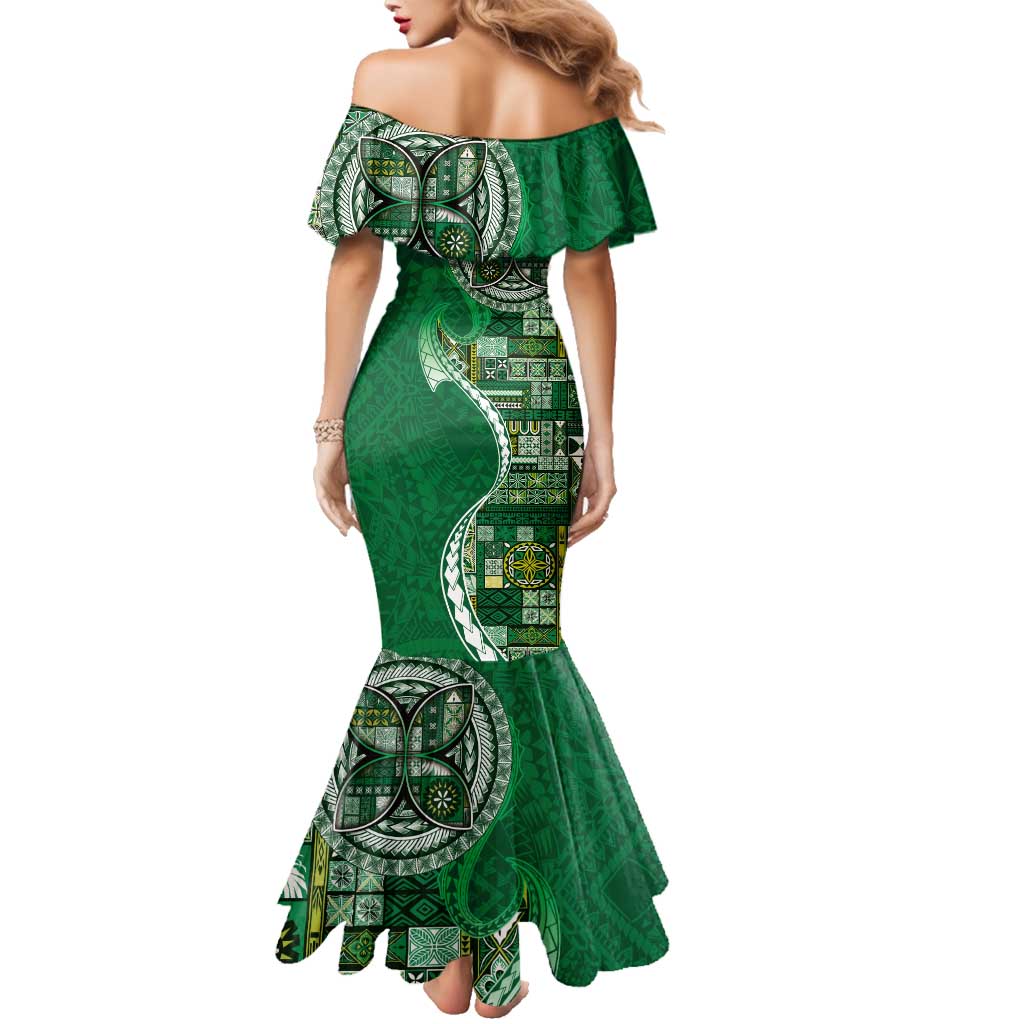 Samoan Siapo Art Tattoo Polynesian Pattern Family Matching Mermaid Dress and Hawaiian Shirt Green Color LT03 - Polynesian Pride