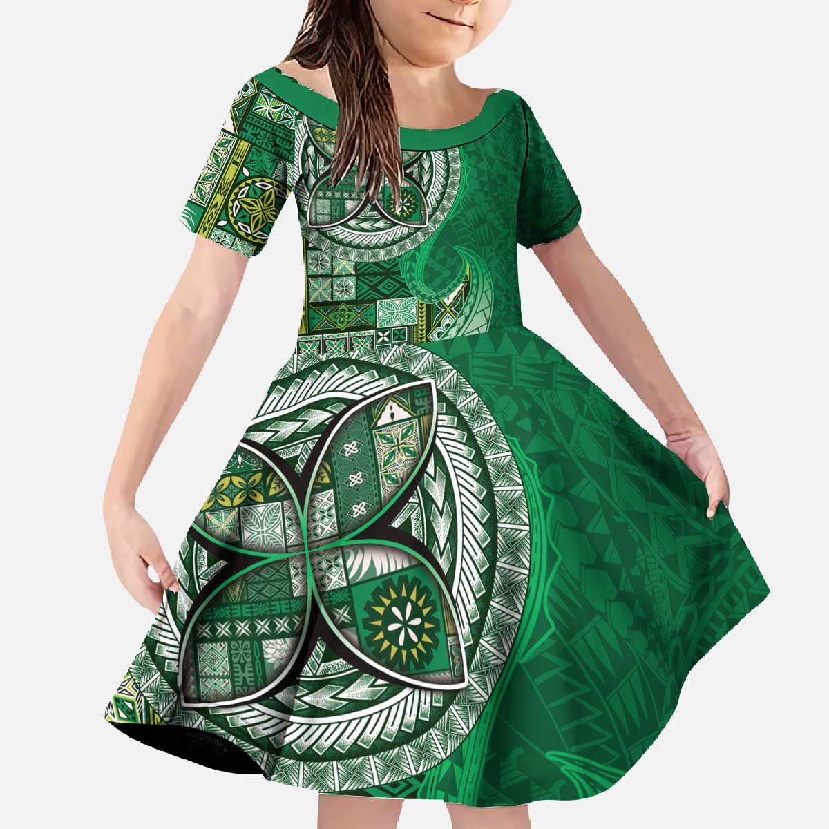 Samoan Siapo Art Tattoo Polynesian Pattern Family Matching Off The Shoulder Long Sleeve Dress and Hawaiian Shirt Green Color LT03 Daughter's Dress Green - Polynesian Pride